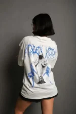 Unisex Bisiklet Yaka Baskılı Oversize T-Shirt - Beyaz - Görsel 2