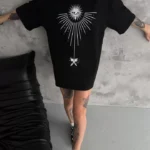 Unisex Bisiklet Yaka Baskılı Oversize T-Shirt - Siyah