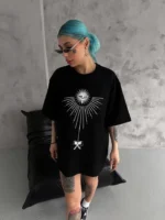 Unisex Bisiklet Yaka Baskılı Oversize T-Shirt - Siyah - Görsel 3