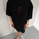 Unisex Bisiklet Yaka Baskılı Oversize T-Shirt - Siyah