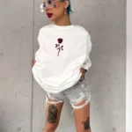 Unisex Bisiklet Yaka Baskılı Oversize T-Shirt - Beyaz