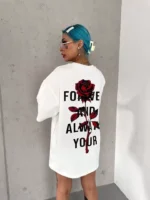 Unisex Bisiklet Yaka Baskılı Oversize T-Shirt - Beyaz - Görsel 2