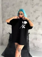 Unisex Bisiklet Yaka Baskılı Oversize T-Shirt - Siyah - Görsel 2