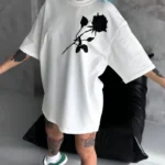 Unisex Bisiklet Yaka Baskılı Oversize T-Shirt - Beyaz