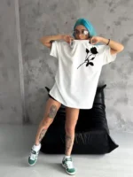 Unisex Bisiklet Yaka Baskılı Oversize T-Shirt - Beyaz - Görsel 3