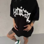 Unisex Bisiklet Yaka Baskılı Oversize T-Shirt - Siyah