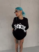 Unisex Bisiklet Yaka Baskılı Oversize T-Shirt - Siyah - Görsel 2