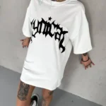 Unisex Bisiklet Yaka Baskılı Oversize T-Shirt - Beyaz