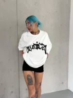 Unisex Bisiklet Yaka Baskılı Oversize T-Shirt - Beyaz - Görsel 2