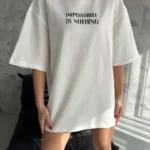 Unisex Bisiklet Yaka Baskılı Oversize T-Shirt - Beyaz