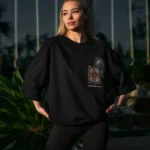 Unisex Bisiklet Yaka Baskılı Oversize T-Shirt - Siyah