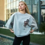 Unisex Bisiklet Yaka Baskılı Oversize T-Shirt - Boyalı Gri