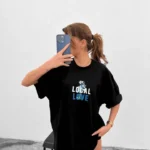 Unisex Bisiklet Yaka Baskılı Oversize T-Shirt - Siyah
