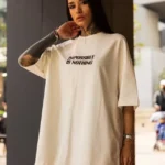 Unisex Bisiklet Yaka Baskılı Oversize T-Shirt - Beyaz