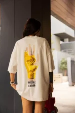 Unisex Bisiklet Yaka Baskılı Oversize T-Shirt - Beyaz - Görsel 2