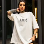 Unisex Bisiklet Yaka Baskılı Oversize T-Shirt - Beyaz