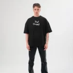 Unisex Bisiklet Yaka Baskılı Oversize T-Shirt - Siyah