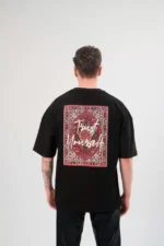 Unisex Bisiklet Yaka Baskılı Oversize T-Shirt - Siyah - Görsel 2