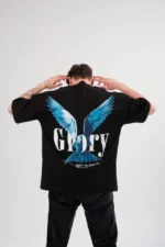 Unisex Bisiklet Yaka Baskılı Oversize T-Shirt - Siyah - Görsel 2