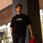 Unisex Bisiklet Yaka Baskılı Oversize T-Shirt - Siyah