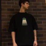 Unisex Bisiklet Yaka Baskılı Oversize T-Shirt - Siyah