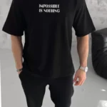 Unisex Bisiklet Yaka Baskılı Oversize T-Shirt - Siyah