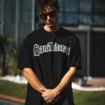 Unisex Bisiklet Yaka Baskılı Oversize T-Shirt - Siyah