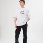 Unisex Bisiklet Yaka Baskılı Oversize T-Shirt - Beyaz