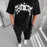 Unisex Bisiklet Yaka Baskılı Oversize T-Shirt - Siyah