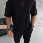 Unisex Bisiklet Yaka Baskılı Oversize T-Shirt - Siyah