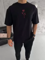 Unisex Bisiklet Yaka Baskılı Oversize T-Shirt - Siyah