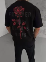 Unisex Bisiklet Yaka Baskılı Oversize T-Shirt - Siyah - Görsel 2