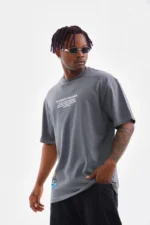 Unisex Bisiklet Yaka Baskılı Oversize T-Shirt - Gri - Görsel 3