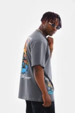 Unisex Bisiklet Yaka Baskılı Oversize T-Shirt - Gri - Görsel 4