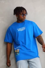 Unisex Bisiklet Yaka Baskılı Oversize T-Shirt - Mavi - Görsel 2
