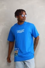 Unisex Bisiklet Yaka Baskılı Oversize T-Shirt - Mavi - Görsel 3