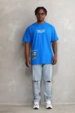 Unisex Bisiklet Yaka Baskılı Oversize T-Shirt - Mavi - Görsel 4