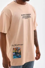 Unisex Bisiklet Yaka Baskılı Oversize T-Shirt - Bej - Görsel 2