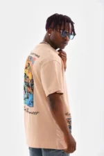 Unisex Bisiklet Yaka Baskılı Oversize T-Shirt - Bej - Görsel 4