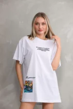 Unisex Bisiklet Yaka Baskılı Oversize T-Shirt - Beyaz - Görsel 3