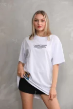 Unisex Bisiklet Yaka Baskılı Oversize T-Shirt - Beyaz - Görsel 4