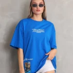 Unisex Bisiklet Yaka Baskılı Oversize T-Shirt - Mavi