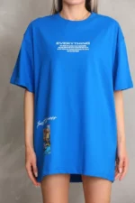 Unisex Bisiklet Yaka Baskılı Oversize T-Shirt - Mavi - Görsel 2