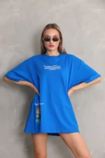 Unisex Bisiklet Yaka Baskılı Oversize T-Shirt - Mavi - Görsel 3