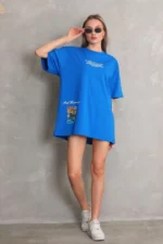 Unisex Bisiklet Yaka Baskılı Oversize T-Shirt - Mavi - Görsel 4