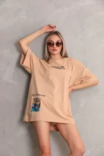 Unisex Bisiklet Yaka Baskılı Oversize T-Shirt - Bej - Görsel 2