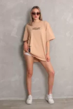Unisex Bisiklet Yaka Baskılı Oversize T-Shirt - Bej - Görsel 3