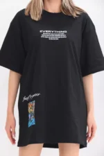 Unisex Bisiklet Yaka Baskılı Oversize T-Shirt - Siyah - Görsel 2