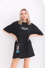 Unisex Bisiklet Yaka Baskılı Oversize T-Shirt - Siyah - Görsel 3