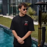 Unisex Bisiklet Yaka Baskılı Oversize T-Shirt - Siyah